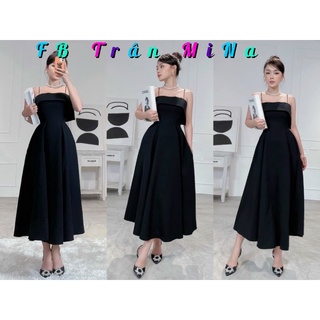 Đầm midi đen 2 dây xếp li xoè cúp ngực