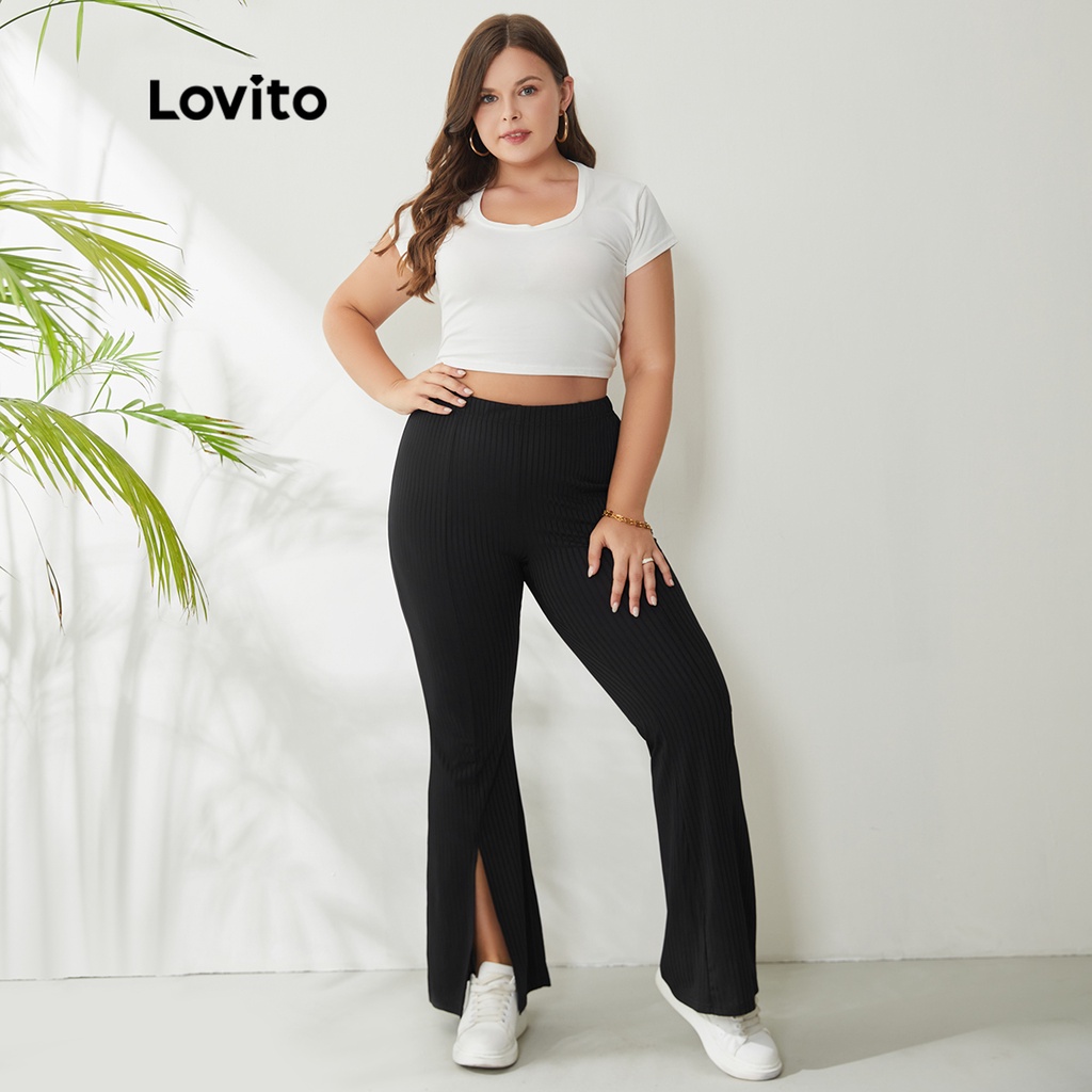 Quần dệt kim nữ Lovito ống loe độ co giãn cao eo thun xẻ tà trước màu trơn thường ngày tôn dáng size lớn LPS01006 (Đen)