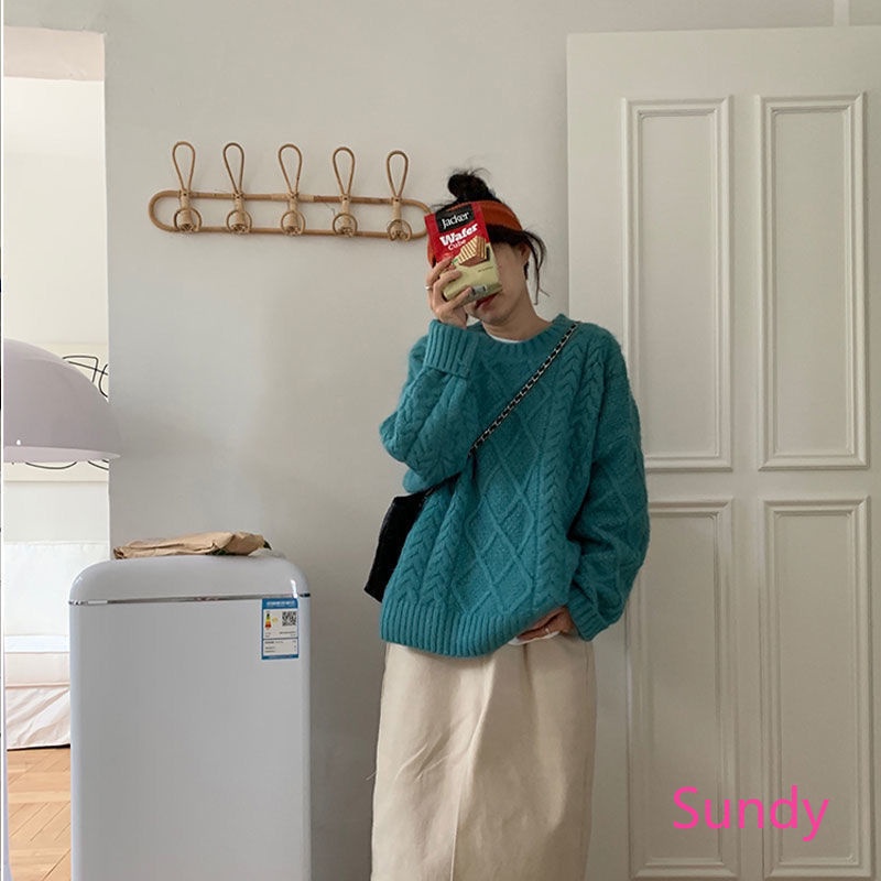 Áo Sweater Dệt Kim Dáng Rộng Màu Sắc Đơn Giản Cho Nữ