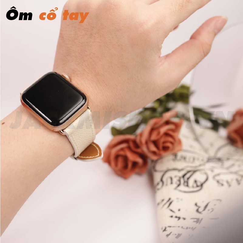 [DÂY DA THẬT] DÂY DA BÊ EPSOM MAY TAY THỦ CÔNG MÀU KEM KHÓA PATEK CHO APPLE WATCH SERIES 1=&gt;6 (BẢO HÀNH 1 NĂM)