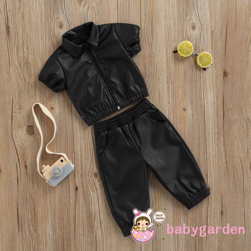 Set đồ 2 món áo tay ngắn cổ bẻ có dây kéo + quần dài bằng da màu đen trơn cho bé gái