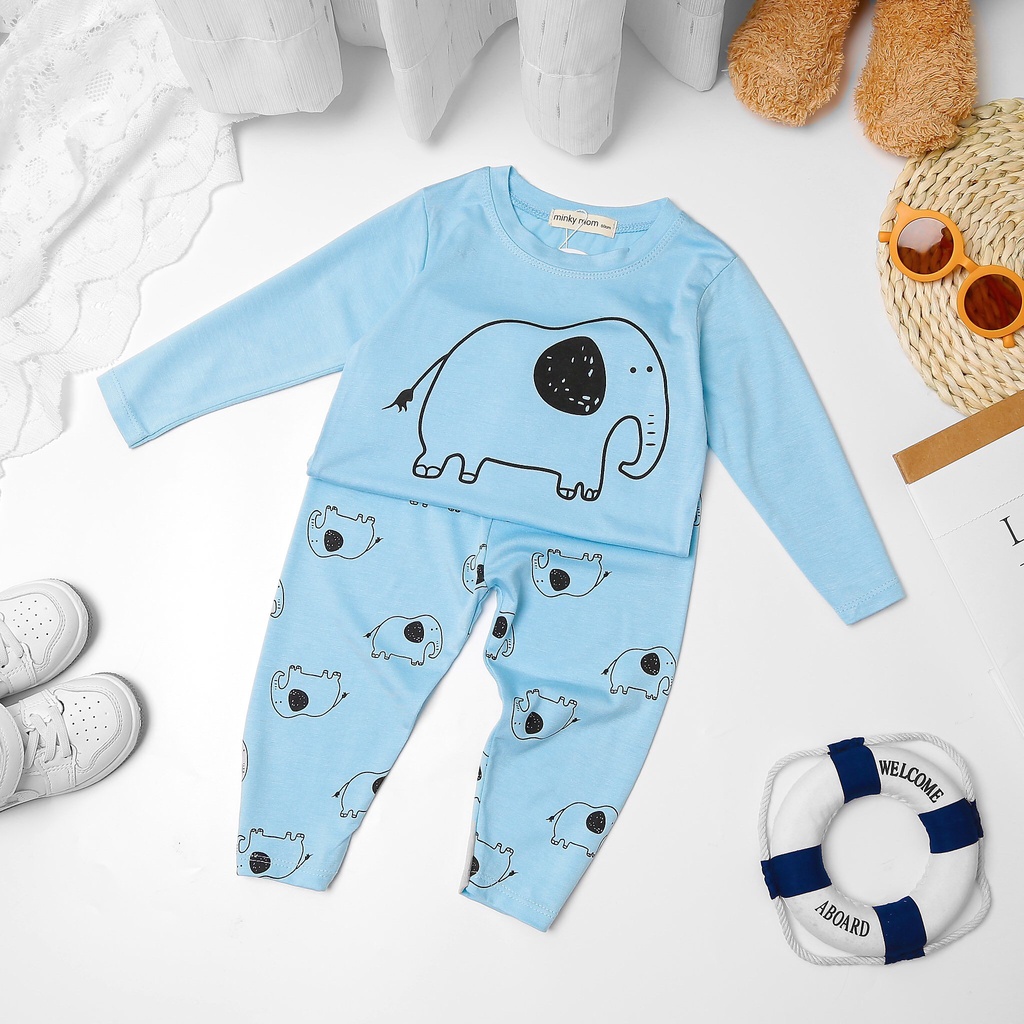 [Bé 19-32kg] Bộ dài tay thun lạnh in voi Minky Mom size nhí và đại cho bé trai bé gái từ 7-32kg