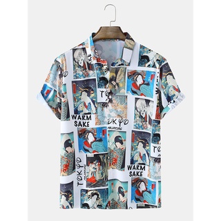 Áo sơ mi họa tiết Figure Ukiyoe phong cách Nhật Bản tay ngắn nam nữ vải thoáng mát, thấm hút, mát mẻ hawaiian