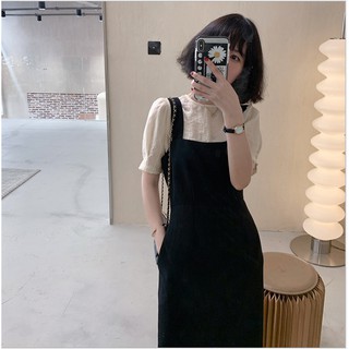 set váy nữ xinh🍒FREESHIP🍒áo kết hợp váy yếm đen dáng dài có túi phong cách Vintage