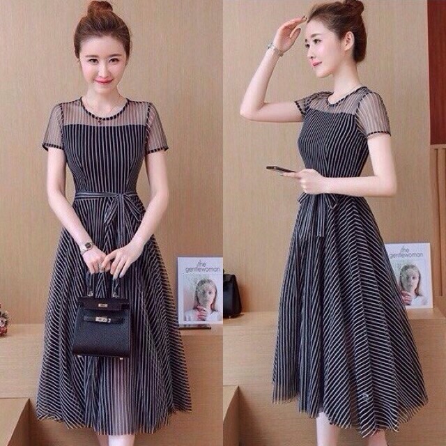 Đầm voan sọc xoè thắt nơ eo _ kèm ảnh sp thật