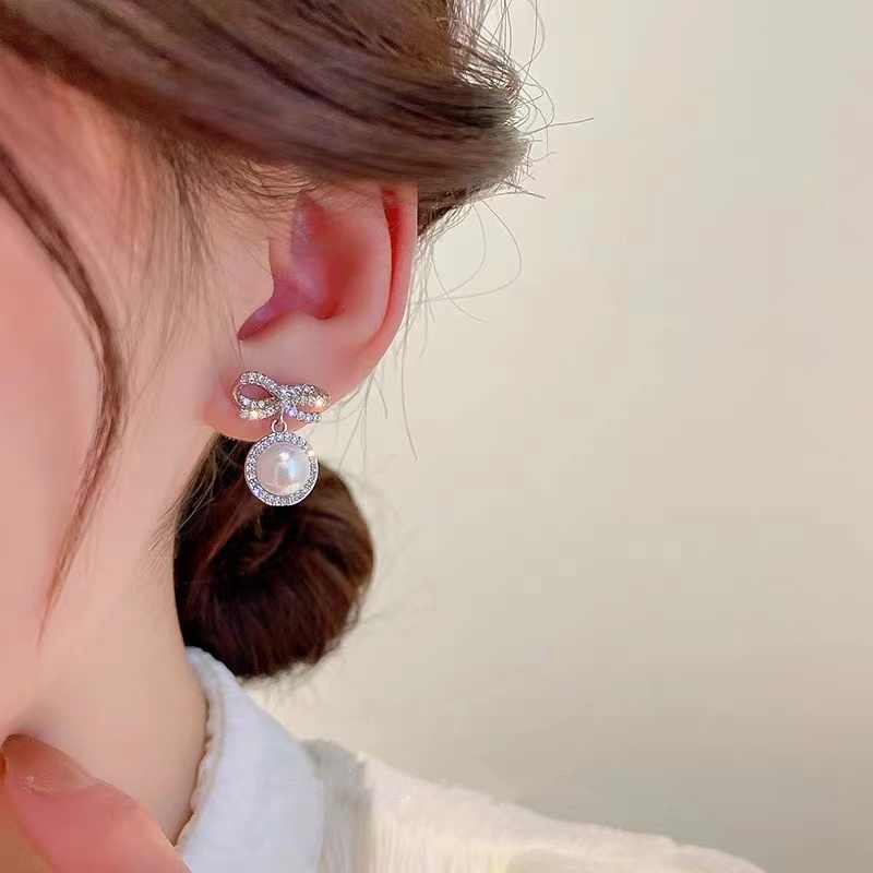 S925 Bông tai ngọc trai Bông tai bạc Nơ Bông tai tròn Bông tai thời trang Phụ kiện Trang sức Quà tặng