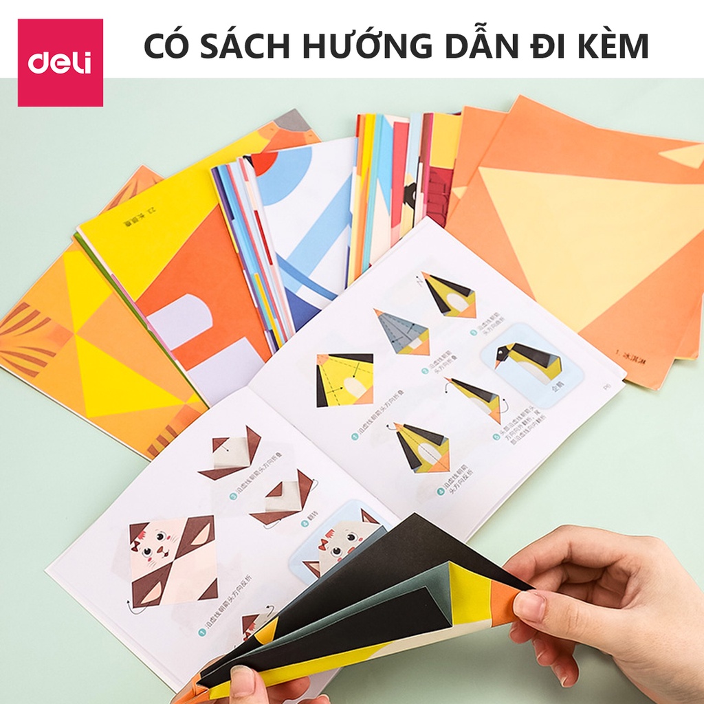 Bộ 50/100 tờ giấy thủ công origami Deli - In sẵn họa tiết kèm sách hướng dẫn, rèn luyện sự khéo léo cho bé - 74817/74818