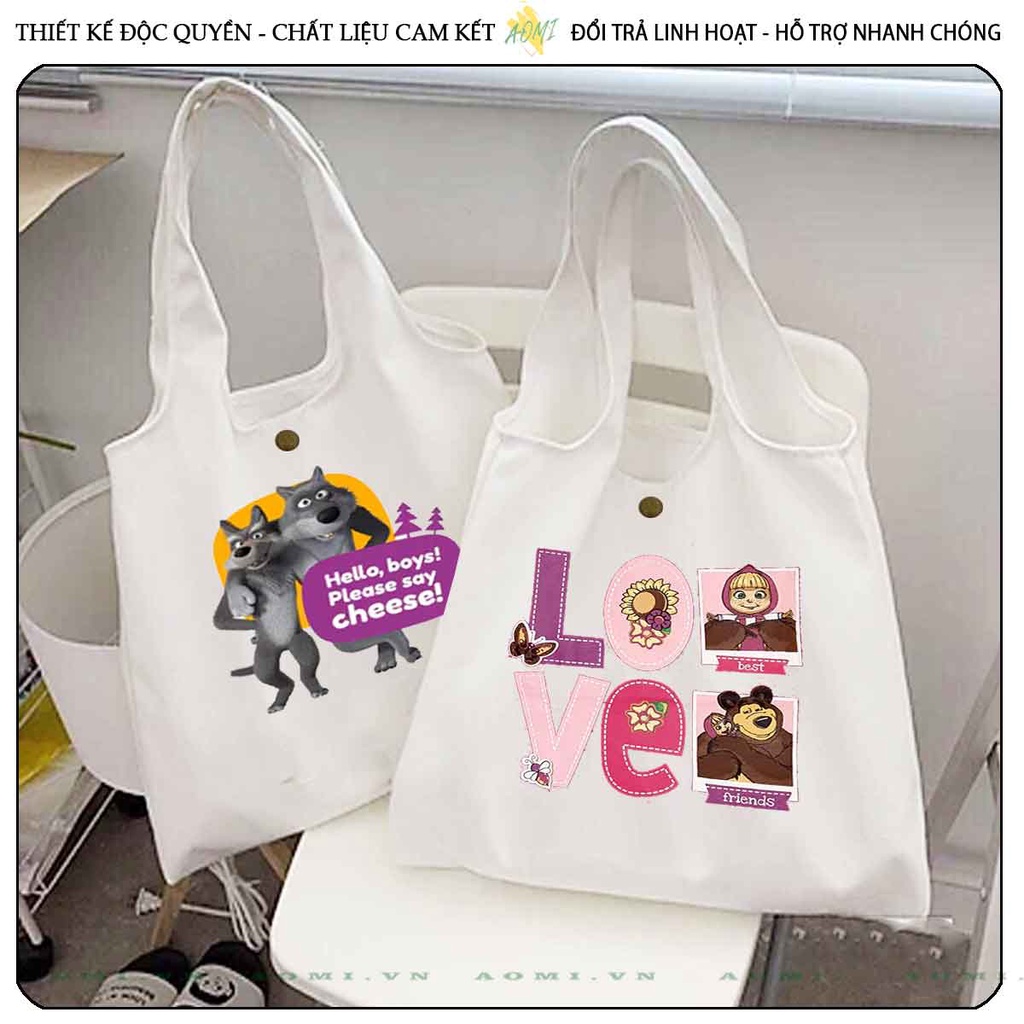 TOTE CANVAS masha and bear FORM TRÒN TÚI VẢI ĐEO VAI BAG NÚT BẤM SIZE LỚN AOMIVN DU LỊCH DẠO PHỐ CÁ TÍNH