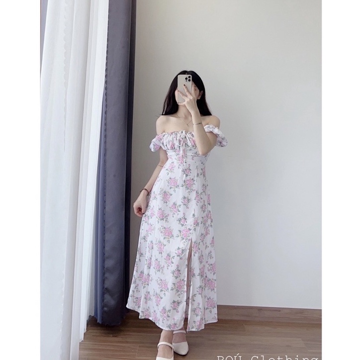 Đầm maxi , midi suông dài , váy dài xẻ tà , váy nhún ngực trễ vai tay phồng