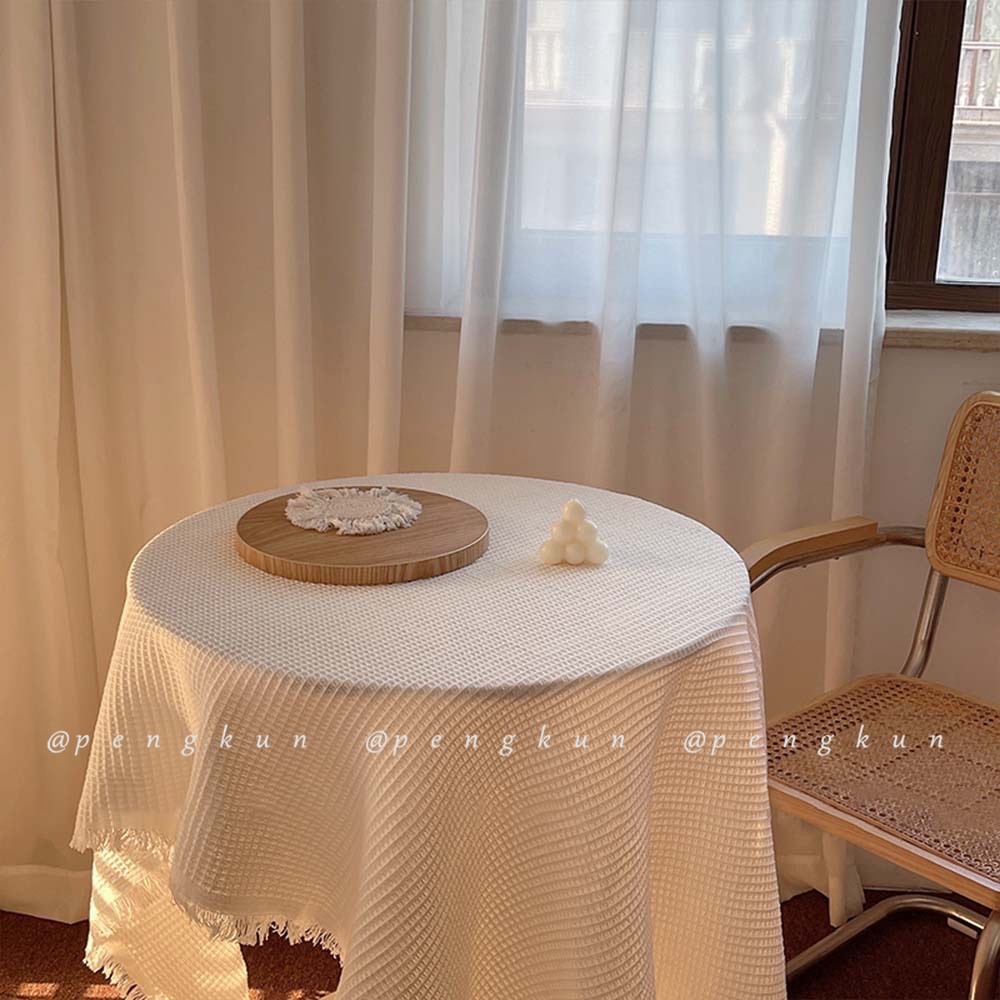 Khăn Trải Bàn Cotton Lanh Trơn Màu Mềm Mại Viền Tua Rua Phong Cách Nhật Bản