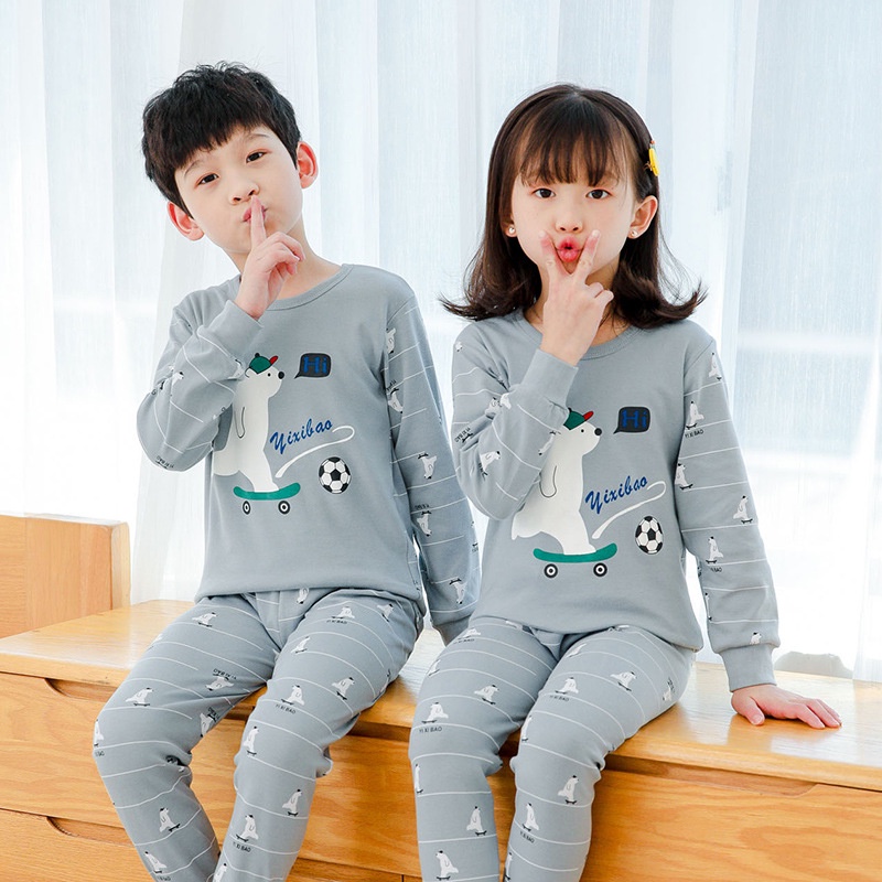Bộ đồ ngủ 2 món gồm áo tay dài in hình gấu và quần dài size 90-160 dành cho bé