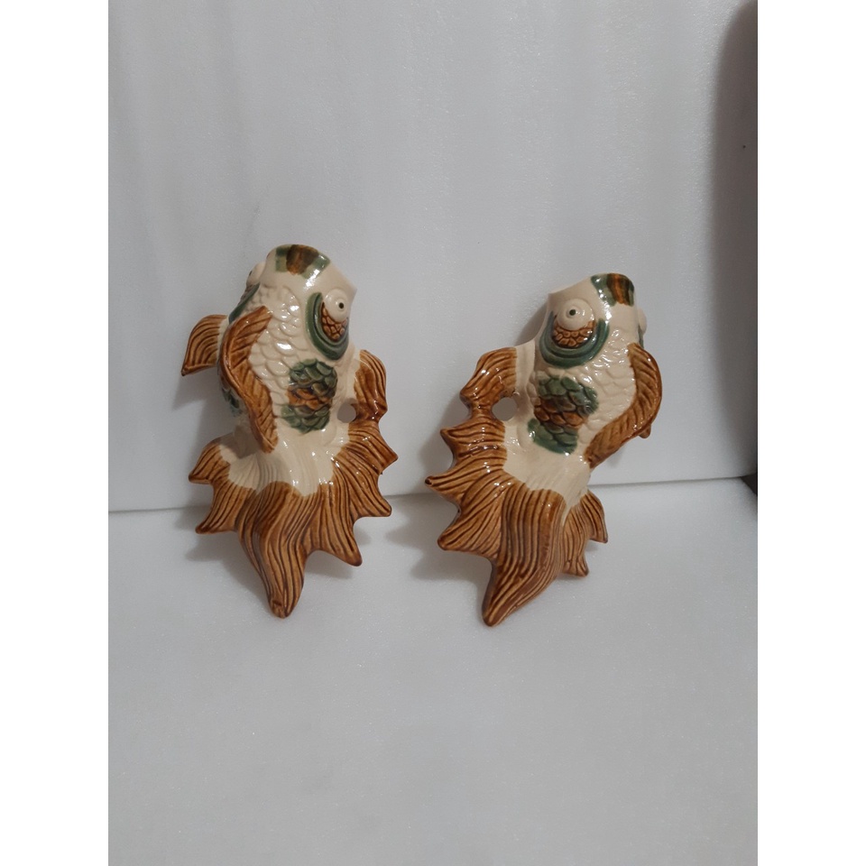 Chậu, bình gốm cá treo tường men trắng nâu