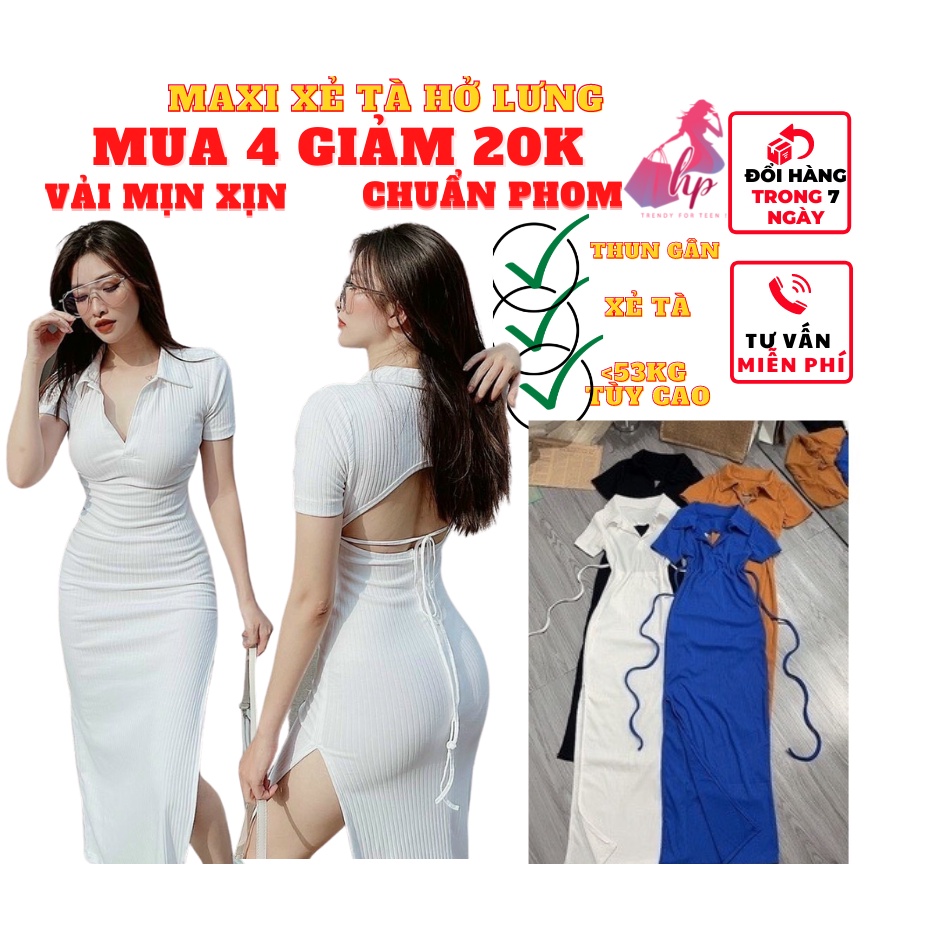 Váy đầm maxi dài nữ ôm bodycổ polo xẻ tà hở lưng đan dây tay tay ngắn thời trang dự tiệc sexy phong cách hàn | BigBuy360 - bigbuy360.vn
