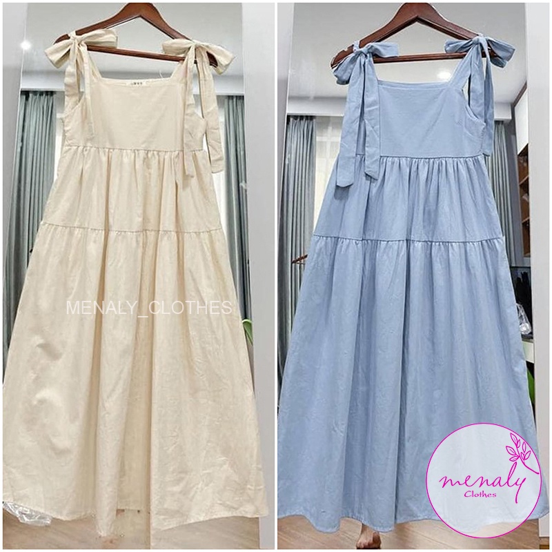 Váy babydoll dáng dài VH019, mẫu váy 2 dây bản to dáng váy ulzzang buộc nơ kiểu dáng đáng yêu, bầu bí bon chen được