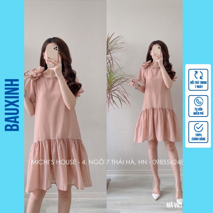 Váy bầu đẹp - Đầm bầu suông-Váy bầu thời trang thiết kế nơ vai sát lách chất voan hai lớp freesize từ 45 đến 70k