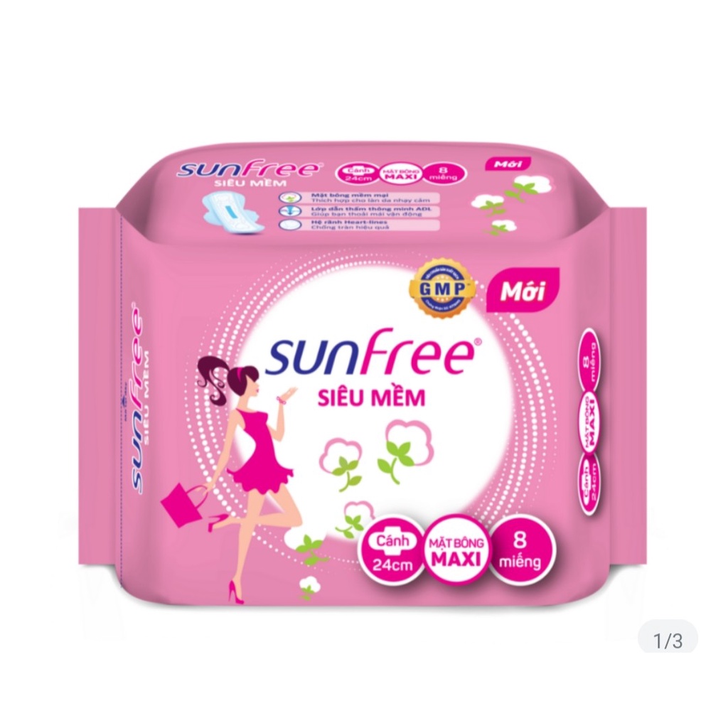 Băng vệ sinh Sunfree Siêu mềm, maxi có cánh (8 miếng/Gói) - Mới