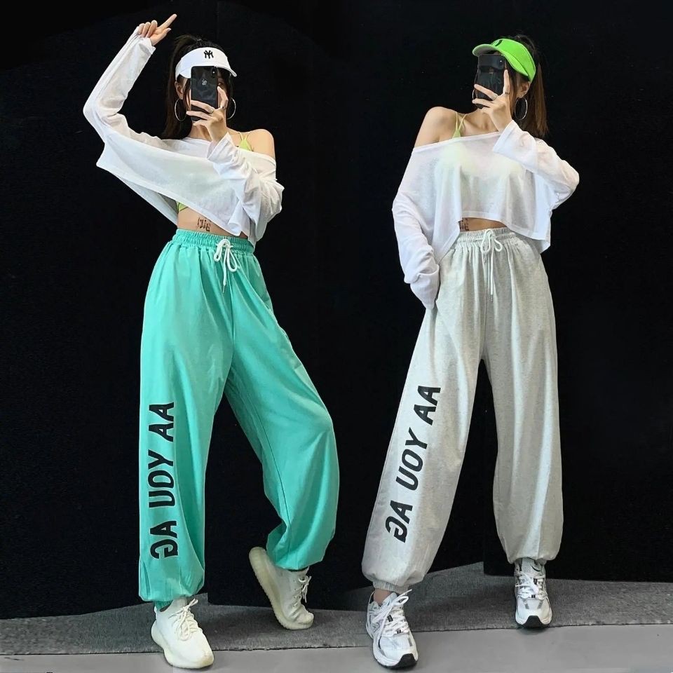 Quần Dài Thể Thao Bằng Cotton Màu Sắc Dạ Quang In Chữ Phong Cách Hip Hop Hàn Quốc Cho Nữ