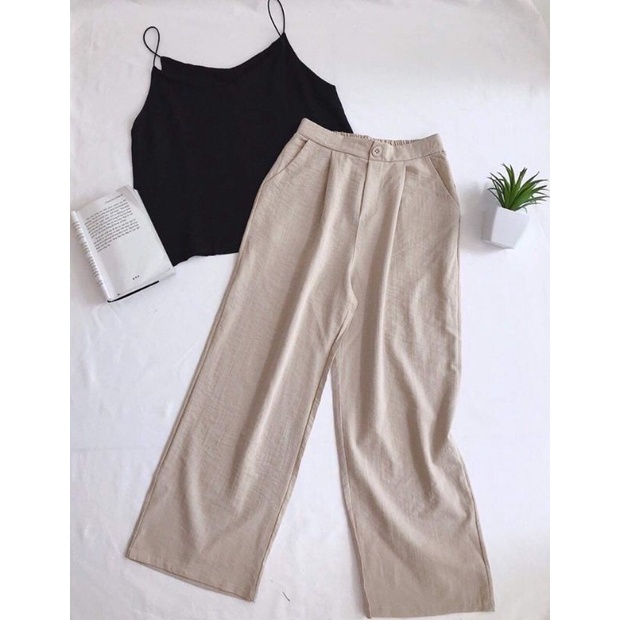 Quần ống rộng vải đũi dáng dài khóa thật lưng thun sau kiểu nhật chất mềm - Quần culottes ống suông dài mặc đi làm ở nhà