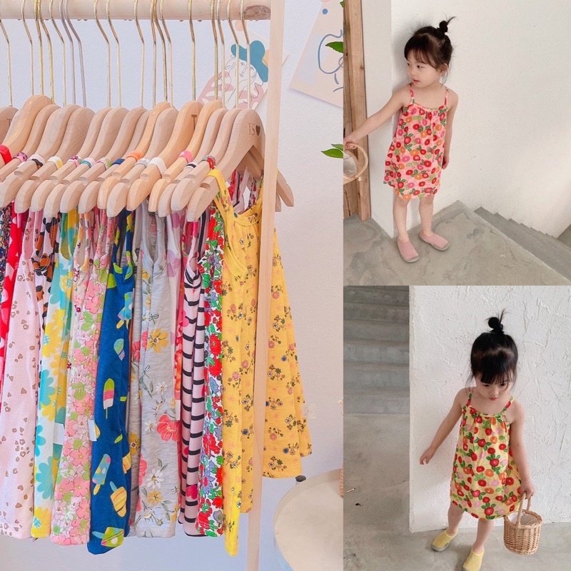 (GIÁ RẺ NHẤT) Váy hè hai dây, cộc tay cotton dễ thương cho bé gái từ 8-18kg (1-5 tuổi)