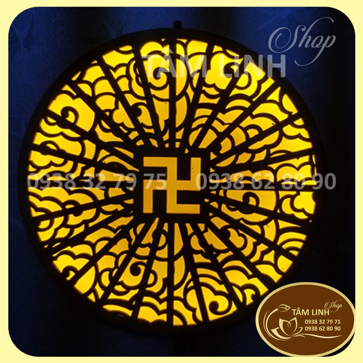 Hào Quang Led Cắt CNC Vân Mây Trên Gỗ Hoa Sen Và Chữ Vạn