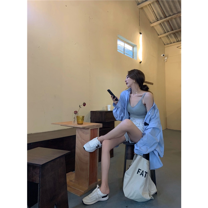 QOEDDV Áo Sơ Mi Xanh Dương Dáng Rộng In Họa Tiết Phong Cách Hàn Quốc Thời Trang Mới