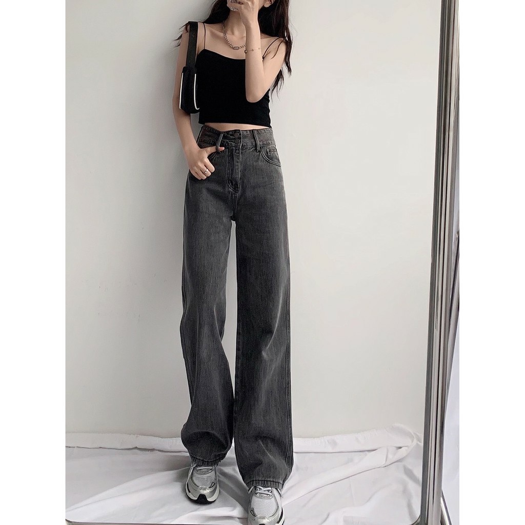 Quần Jean Ống Rộng Nữ Lưng Cao Có Nút Cạp Cao Phom Unisex Cúc Dài Phong Cách Ulzzang Hàn Quốc Đủ Size