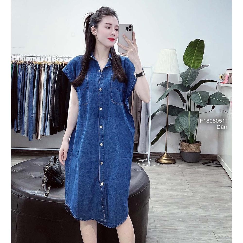 Đầm jean sơ mi dáng suông nút có túi tay con!