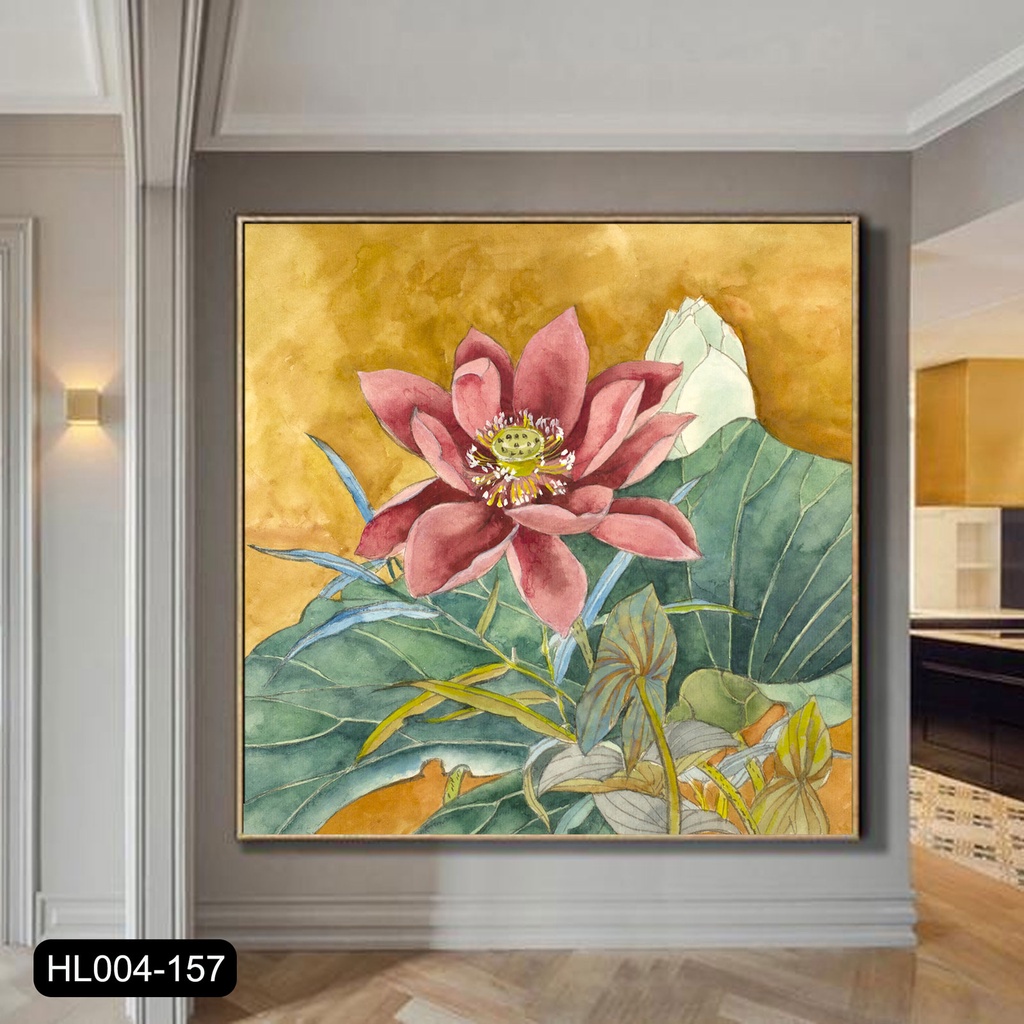 Tranh canvas treo tường hoa sen đỏ nền vàng khổ vuông HL157 - 70 x 70 cm
