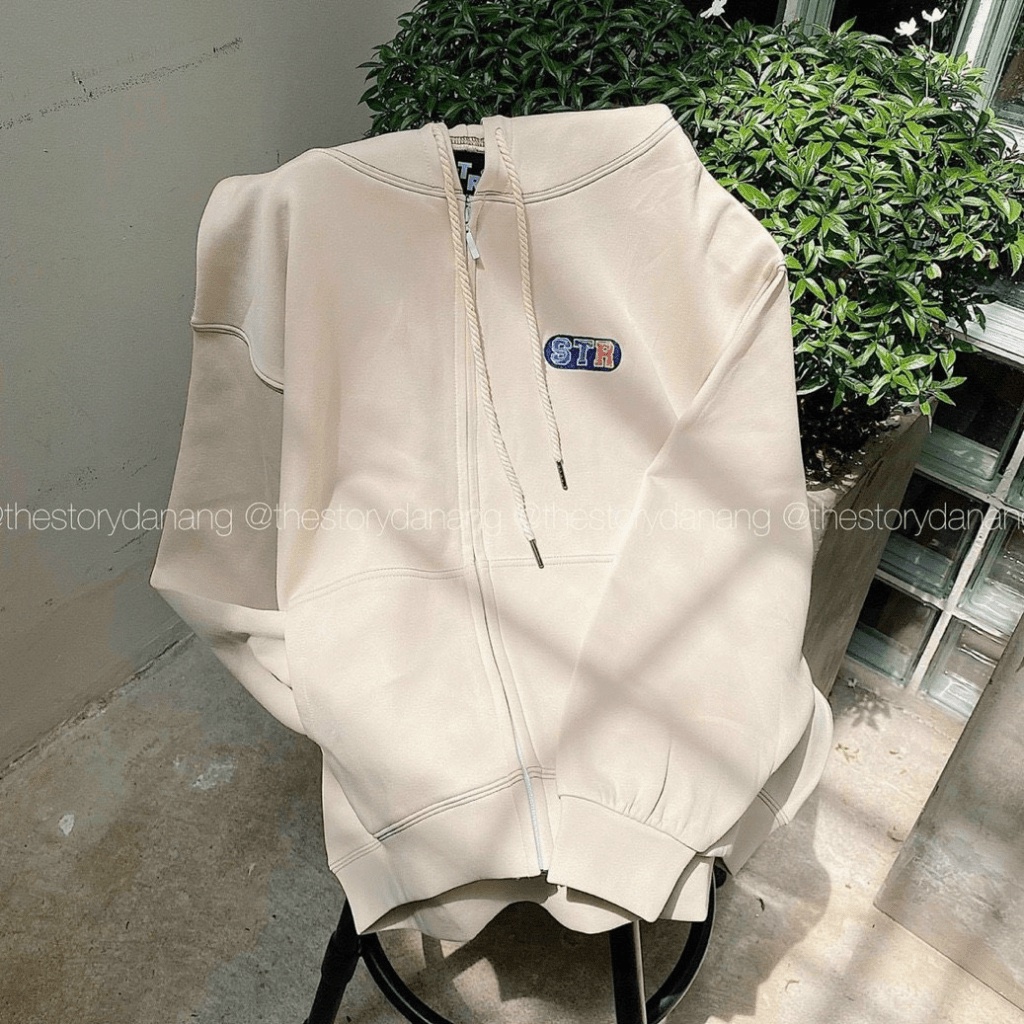 Áo khoác hoodie nữ nỉ bông dày form rộng chỉ viền unisex khoá zip thêu STR TP [NewUnisex]