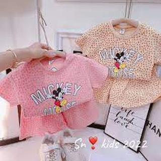 Bộ cộc tay chất Cotton tàu Mickey phối quần váy cực đẹp cho bé gái từ 8-20kg