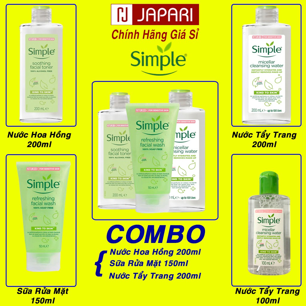 Combo Simple Sữa Rửa Mặt Simple Toner Simple Nước Hoa Hồng, Nước Tẩy Trang Simple Bộ Chăm Sóc Da 3 Món Srm Tonner JAPARI