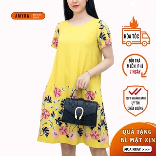 Váy mặc nhà nữ dáng suông thêu hoa sang trọng tay ngắn vải linen AMYRA VA055