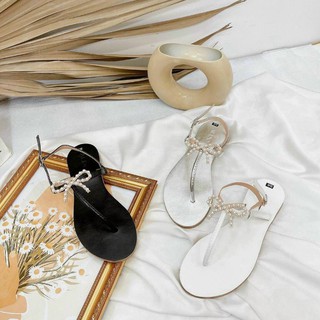Giày sandal quai kẹp nơ ngọc cực xinh hàng l1 mang êm