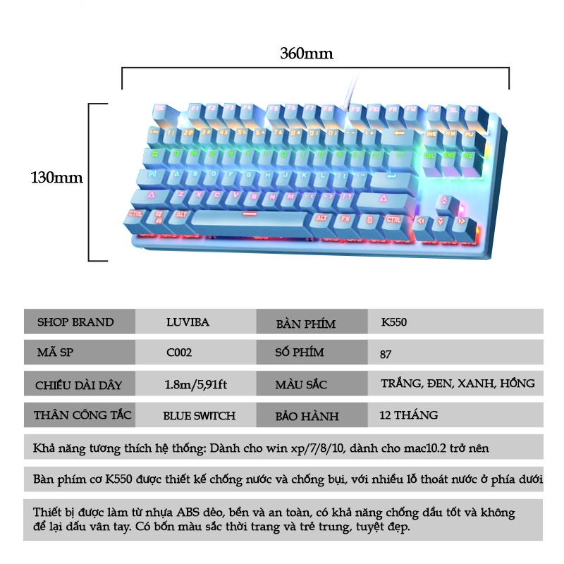 Bàn phím cơ máy tính TKL có dây gaming giá rẻ blue switch led RGB LUVIBA K550