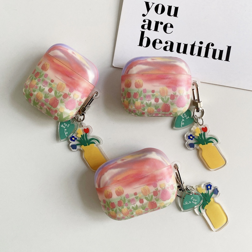 Vỏ bảo vệ hộp sạc tai nghe bluetooth không dây họa tiết hoa tulip thích hợp cho Apple Airpods 1/ 2/ 3 Pro