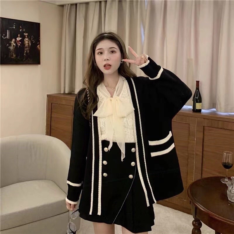 Áo khoác cadigan len trơn phong cách Hàn Quốc viền trắng đen
