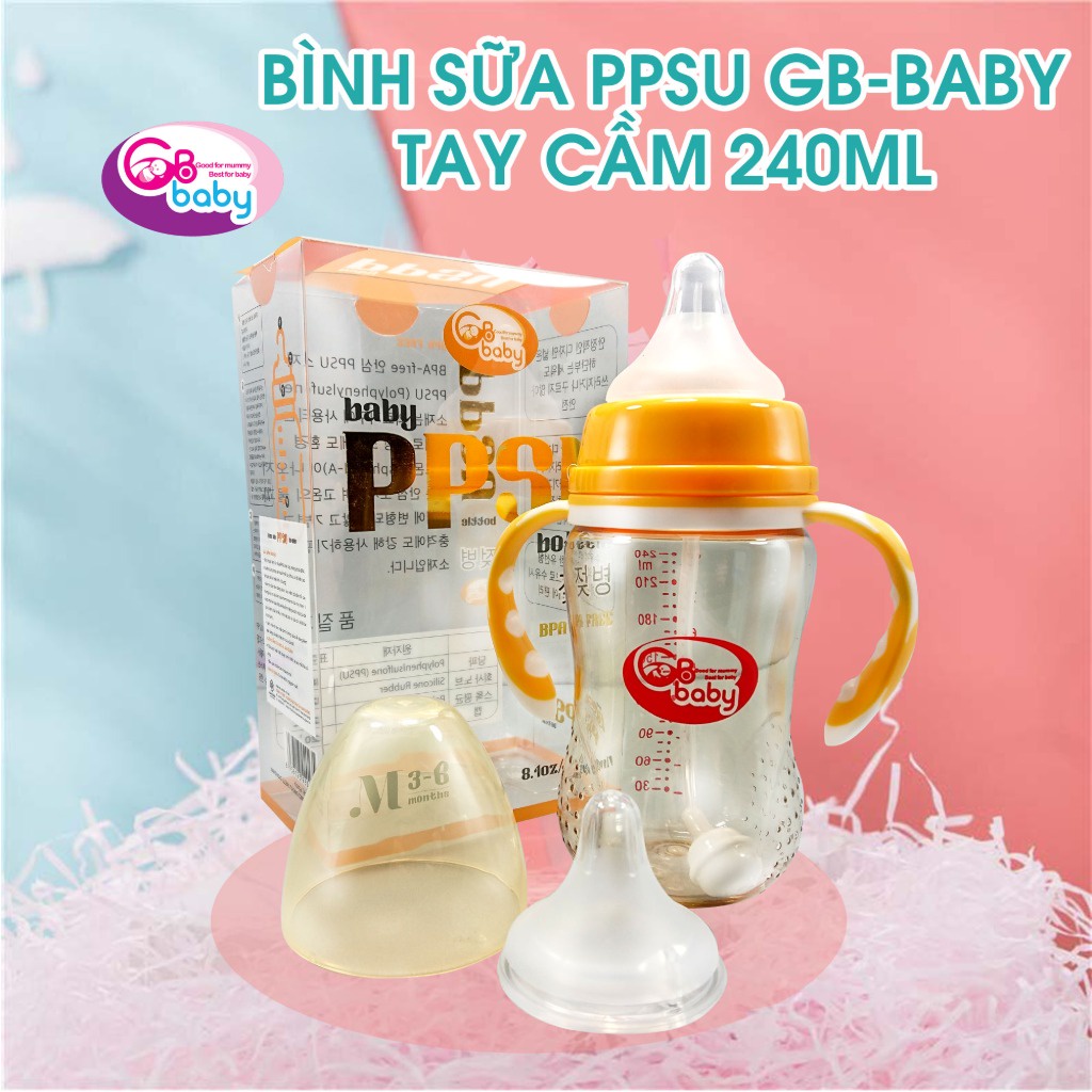 Bình sữa nhựa PPSU cao cấp cổ rộng GB BABY kèm tay cầm và van chống sặc 180ml - Hàn Quốc