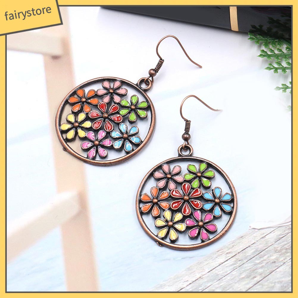 Bông tai trang sức mặt hoa tròn cỡ lớn kiểu Bohemian nhiều màu thời trang nữ