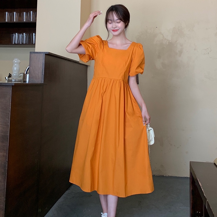 Đầm midi SUXI cổ vuông tay ngắn phồng hở lưng thời trang mùa hè dành cho nữ