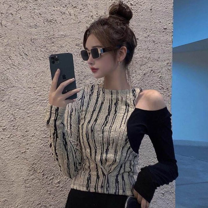 Jiashucheng Áo Tay Dài Dáng Ôm Hở Xương Quai Xanh Gợi Cảm