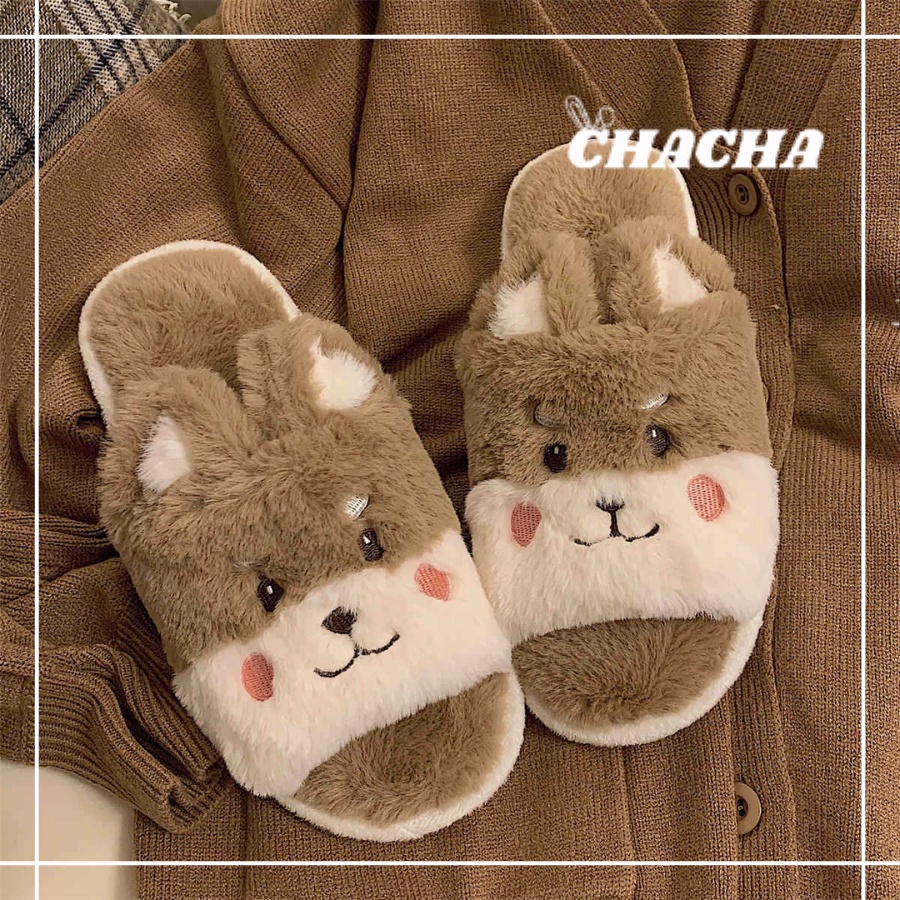 Dép bông hình Chú chó Doggy nâu Chacha Sweet đi trong nhà đáng yêu siêu ấm siêu êm Tặng Kèm túi đựng dép siêu cưng