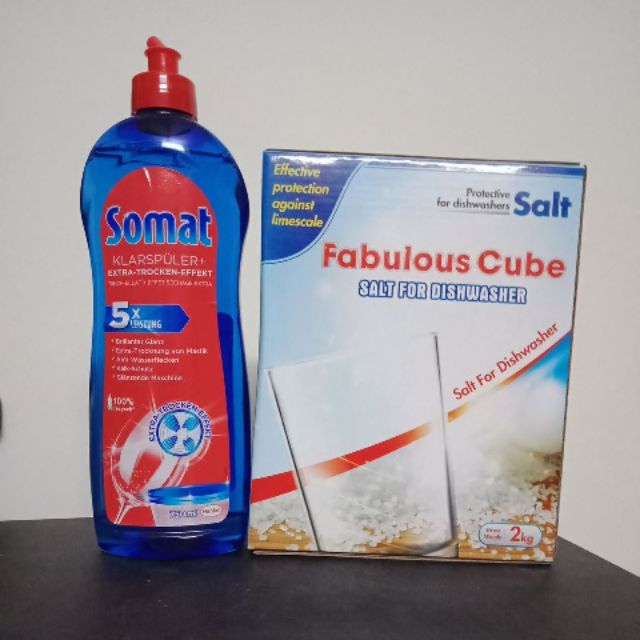 2kg muối chuyên dụng cho máy +chai nước làm bóng Somat chuyên dụng 750ml