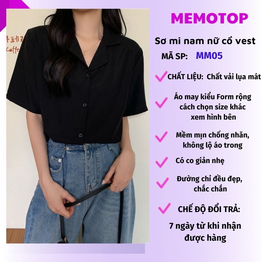 Áo sơ mi ngắn tay Nam Nữ Cổ Vest TRƠN trắng và đen - Kiểu sơ mi tay ngắn form rộng Memotop MM05