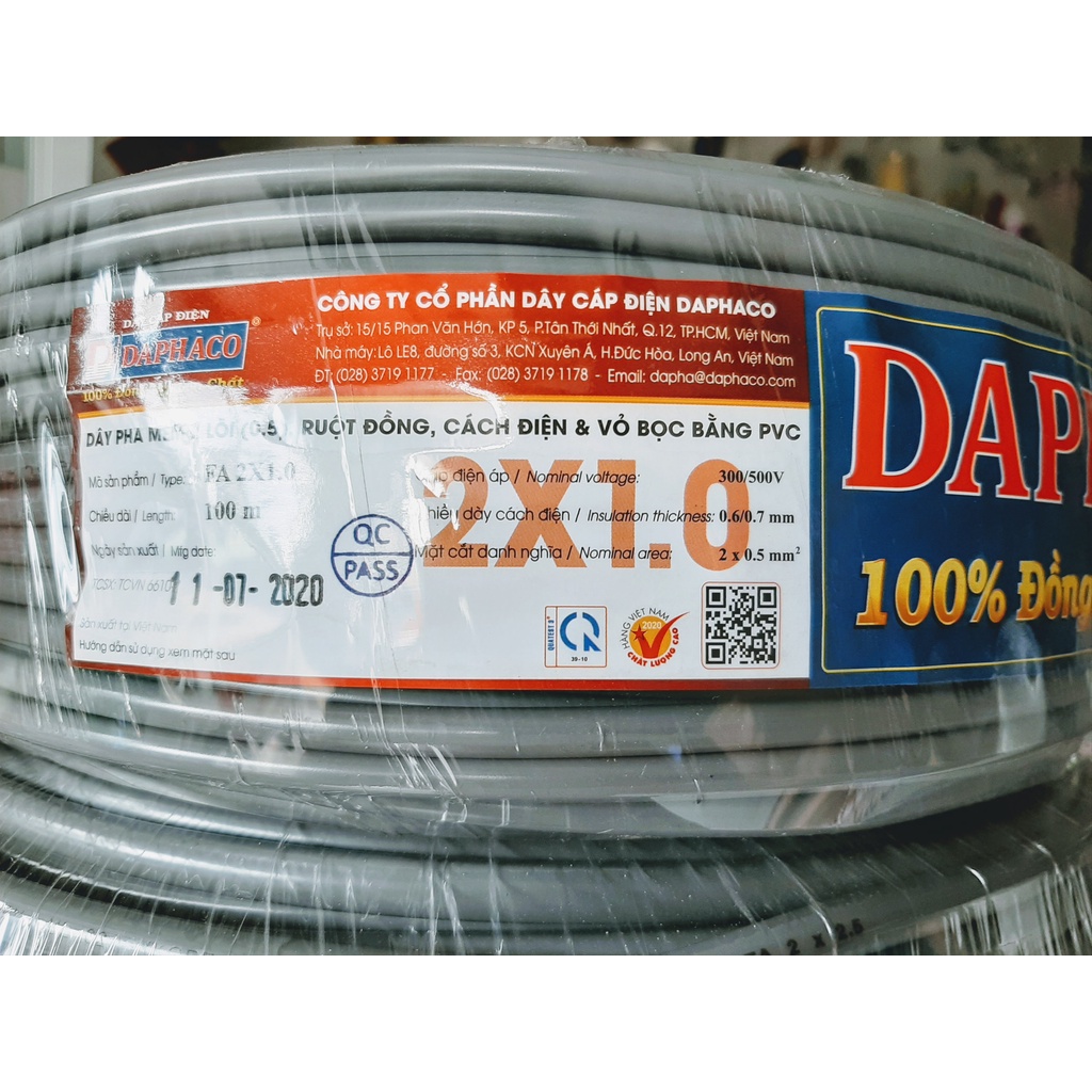 Dây điện đôi xám Daphaco tròn 2 lớp vỏ 2x1.0 , 2x1.5, 2x2.5, 2x4.0, 2x6.0 cuộn 100 mét.