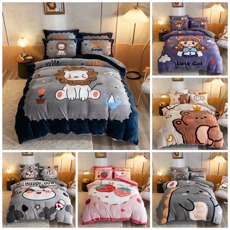 Bộ Drap & Chăn Chần Bông 5 Món Nỉ Nhung 3D