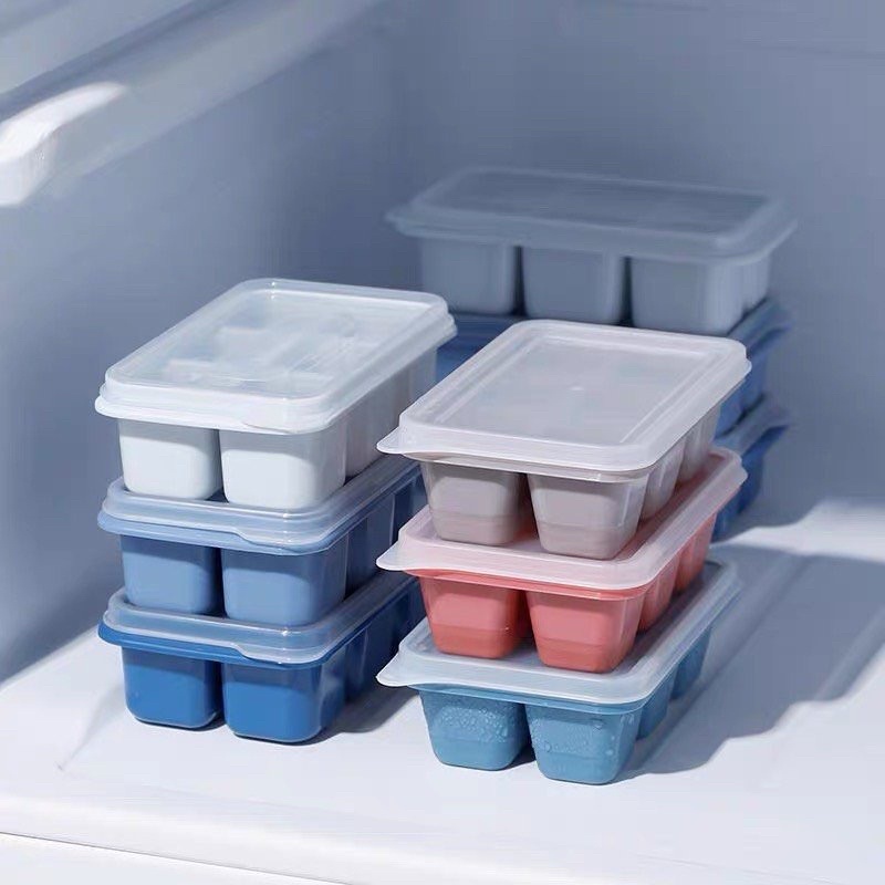 Khay trữ đông 6 ngăn đế silicon có nắp để trữ đồ ăn dặm, làm đá (size nhỏ)