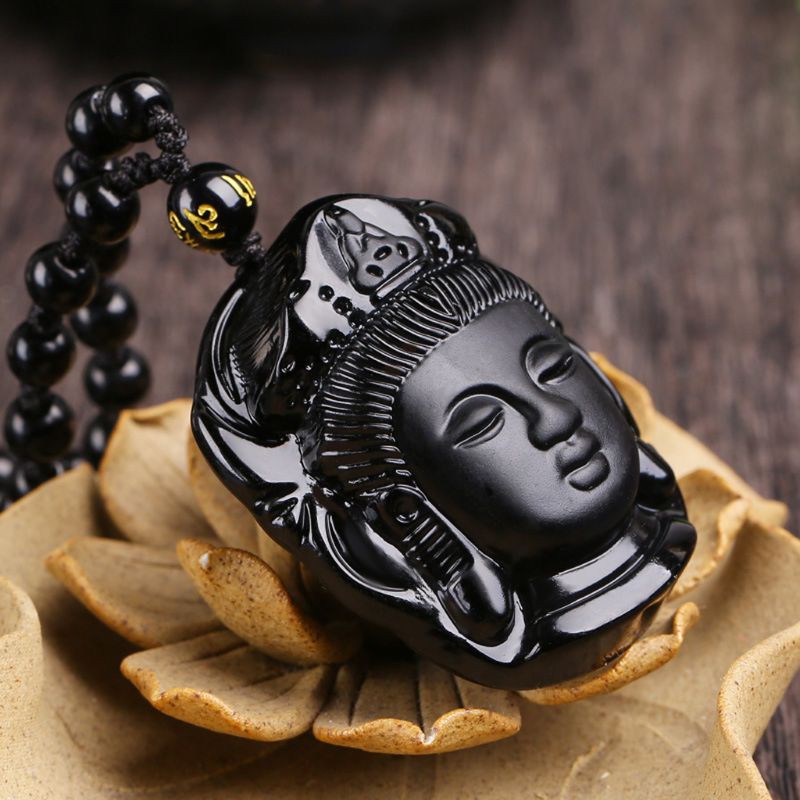 Mặt vòng cổ Hình Đầu Phật Bằng Đá Obsidian Tự Nhiên