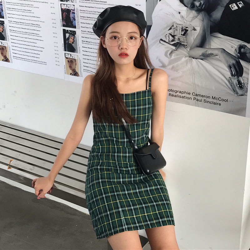 Đầm hai dây họa tiết sọc caro màu xanh lá ngọt ngào thời trang cho nữ