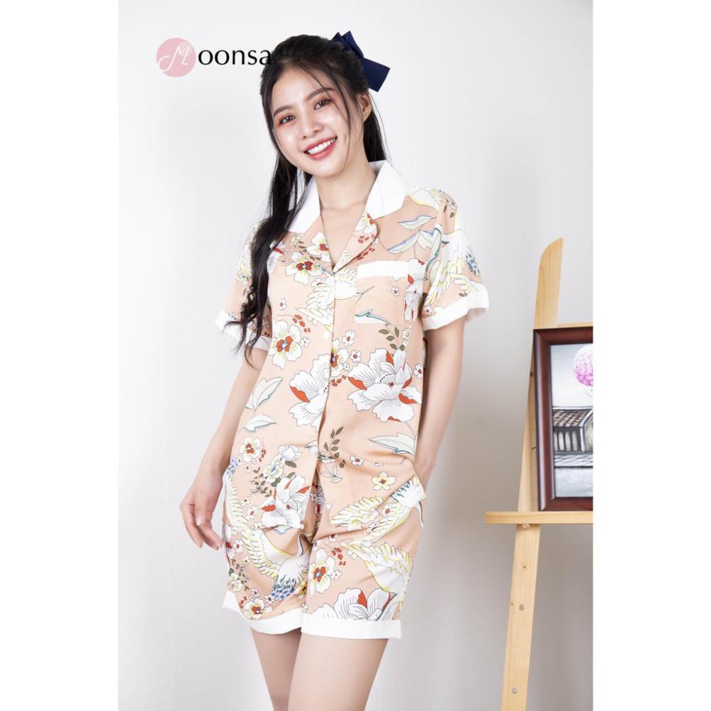 [Mã WARN60 hoàn 15% xu đơn 300k] Bộ đồ ngủ Pijama Lụa Họa Tiết Con Cò Quần ngắn cao cấp [Moonsa]