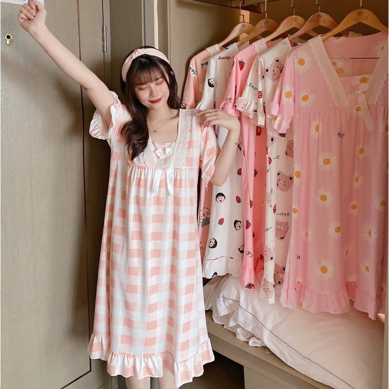 Đầm ngủ dáng rộng cổ nơ ren siêu xinh
